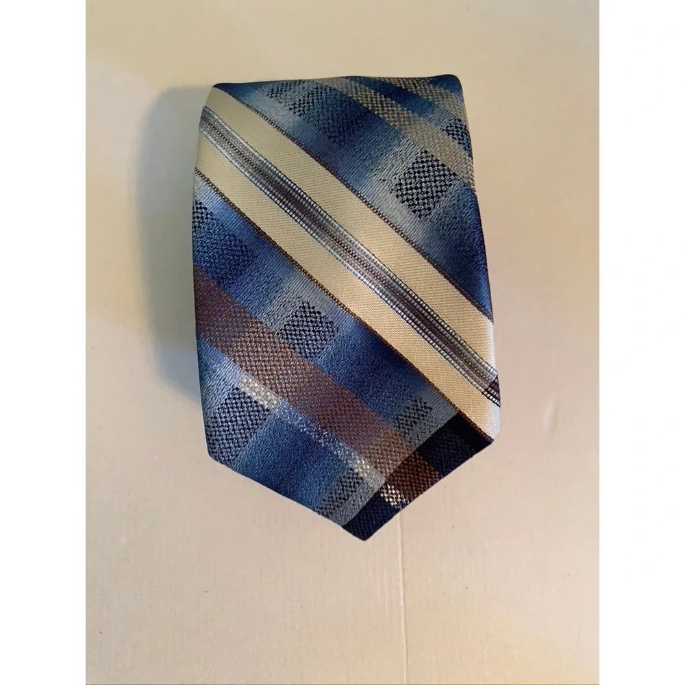 Brittania Mens Blue Plaid Diagonal Stripe Polyester Necktie 3342